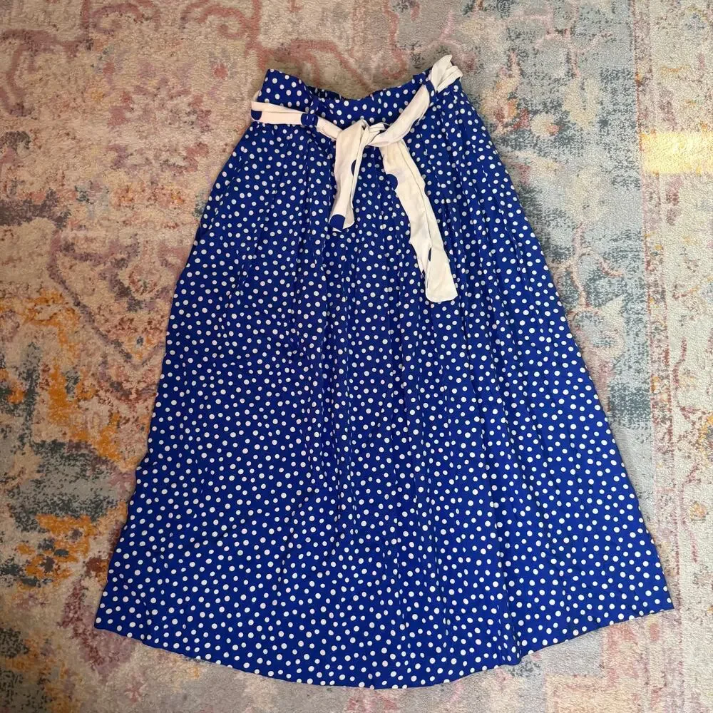 Vintage 80s blue and white retro polka dot midi skirt